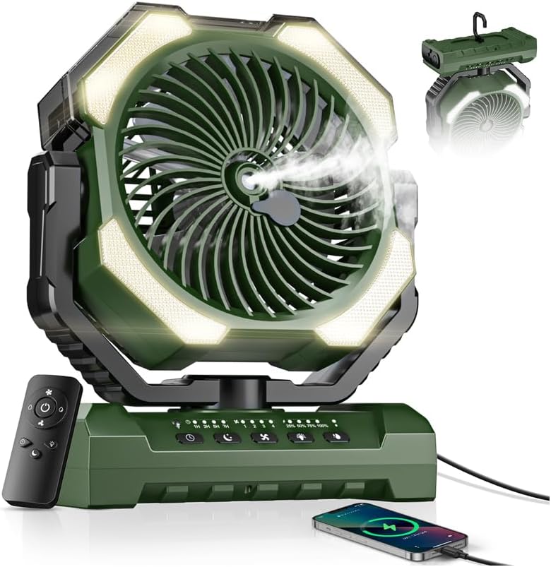 Misting Fan, Portable Camping Fans with 9oz Water Tank, 24000mAh Rechargeable Fan with 4 Speed, Battery Powered Fans with 120H Cooling, Last 5H Mist, 2 Mist Modes, Light, Outsides/Summer Essential
