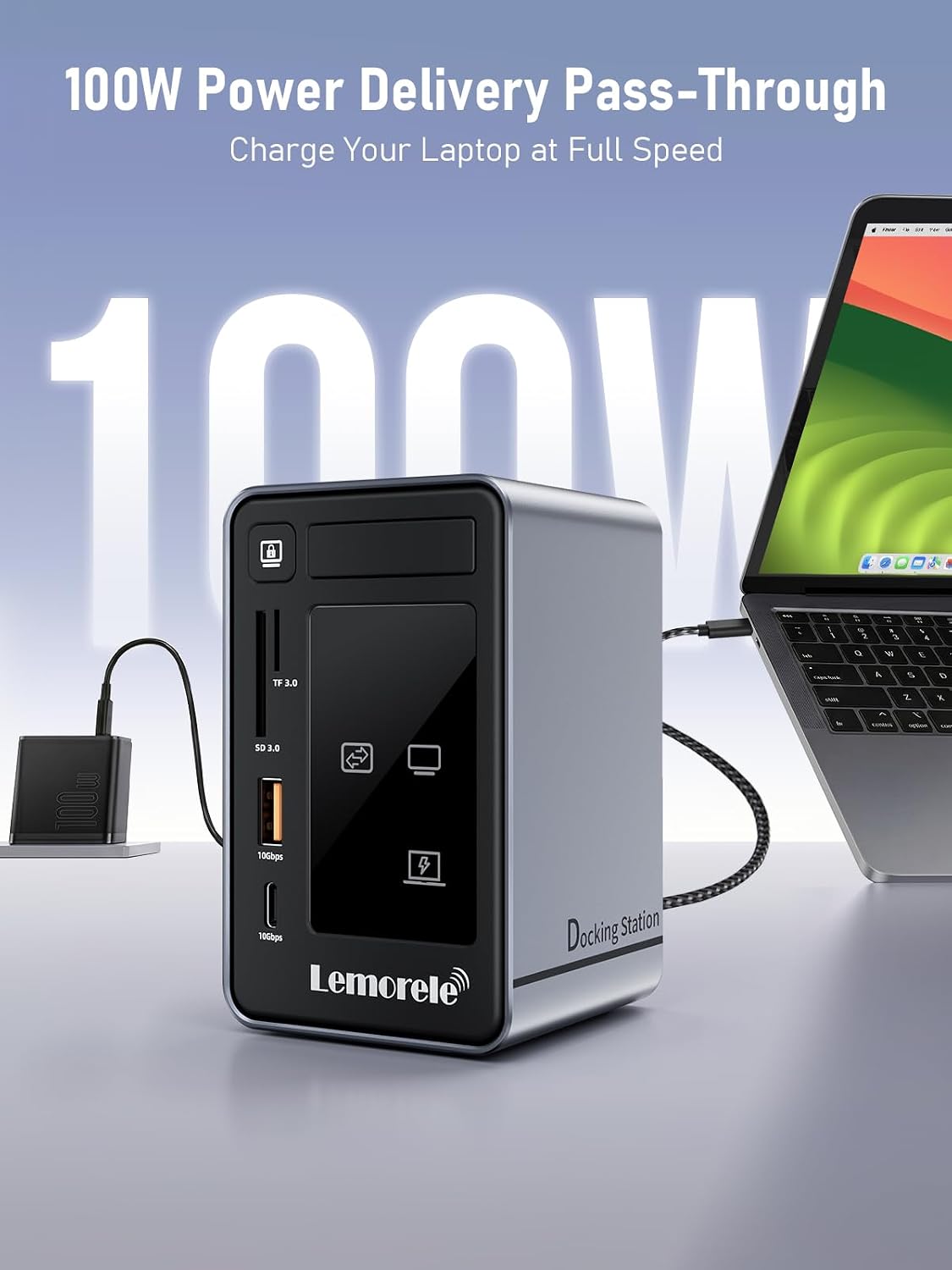 Lemorele Aluminum USB C Docking Station 2HDMI DP 4K 100W Gigabit LAN Hub