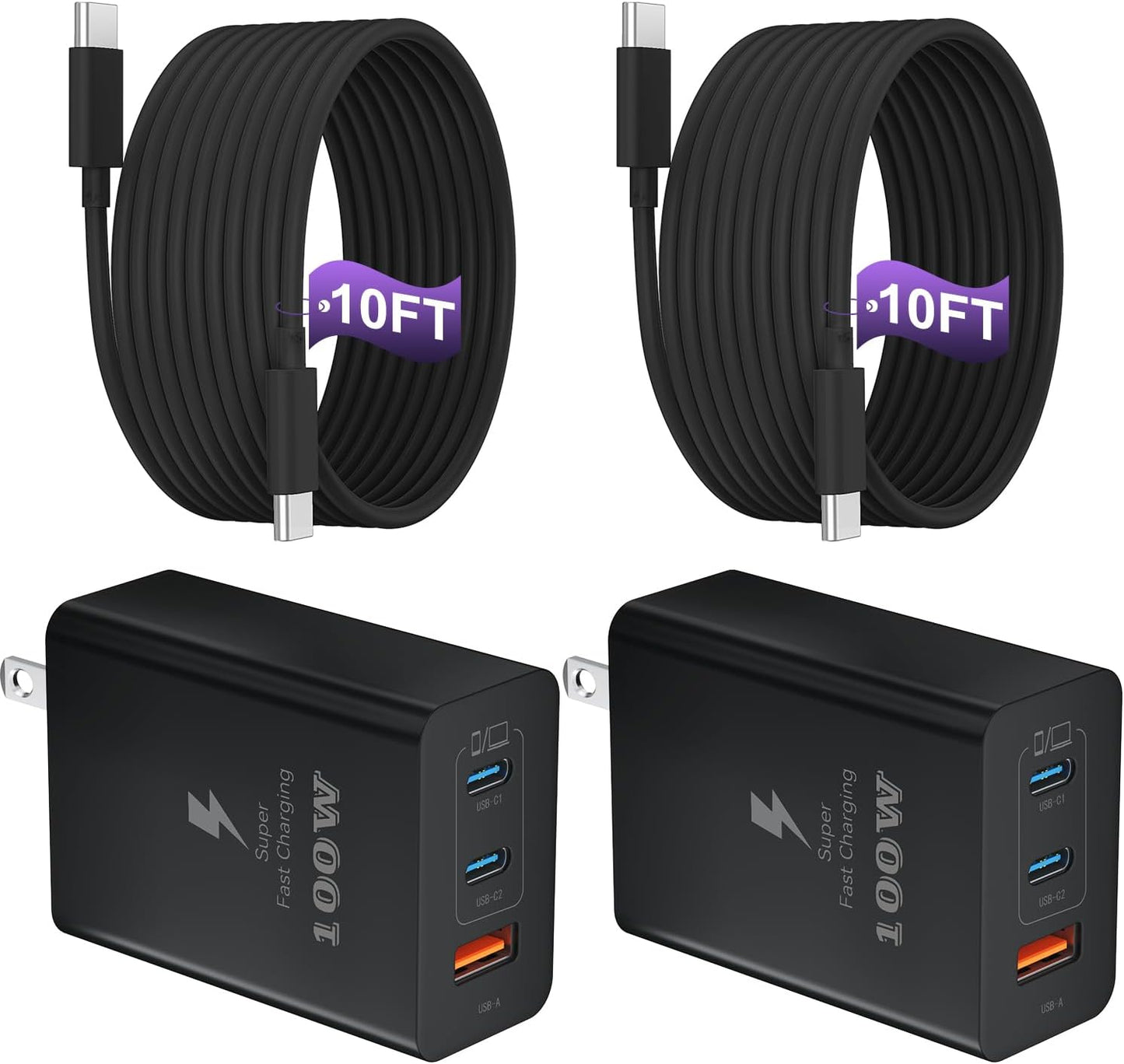 USB C Charger Block 100W, 3-Port GaN Super Fast Phone Charger for Samsung, Type C 65W Laptop Chargers with 10ft USB C Charging Cable for MacBook Pro/Air,iPad Pro, iPhone 17/16, S26 Ultra/S25[2 Pack]