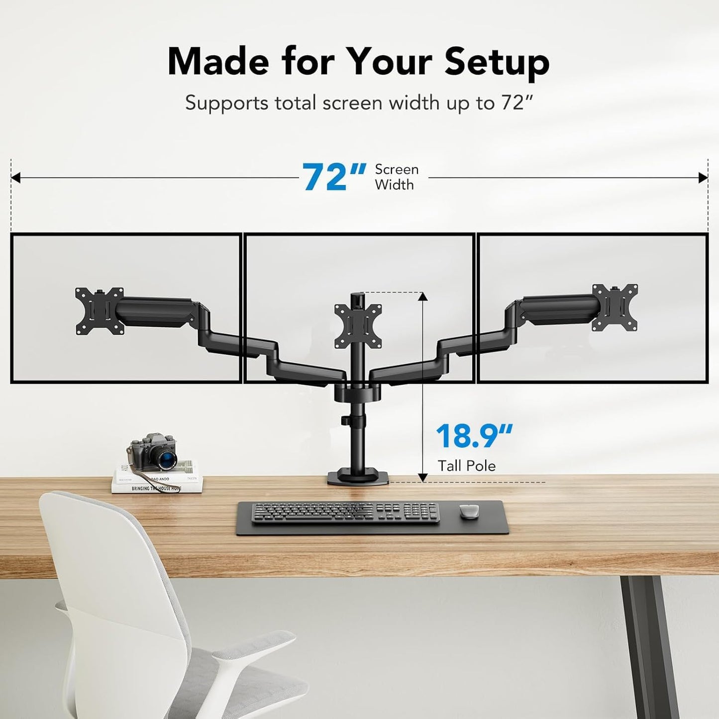 HUANUO Triple Monitor Mount for 13-27 inch Computer Screens, Gaming 3 Monitor Desk Mount with Arm Holds 19.8lbs, Triple Monitors Stand with Tilt, Swivel, Rotation, VESA 75x75, 100x100mm