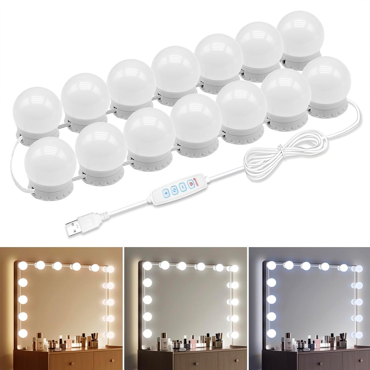 LED Vanity Mirror Lights with 12 Stick On Dimmable Bulbs, 3000K 4500K 6500K & 10 Brightness Levels Adjustable, Plug in USB Cable, Hollywood Style Mirror Lights for Makeup Desk Bathroom Dressing Room