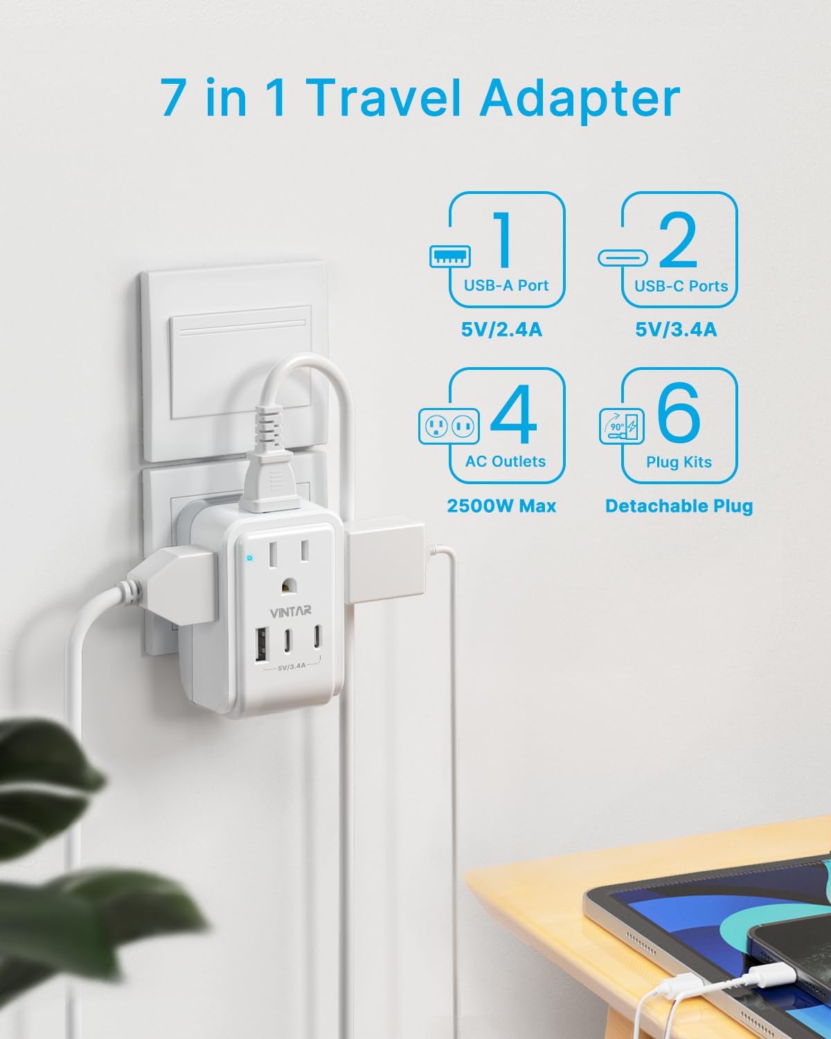 VINTAR Universal Travel Adapter Kit, Type A,C,G,D,I,M Detachable Plug | 7 in 1 International Power Adapter with 4 Outlets 3 USB(2 USB-C), Travel Adaptor Worldwide for US EU UK India South Africa