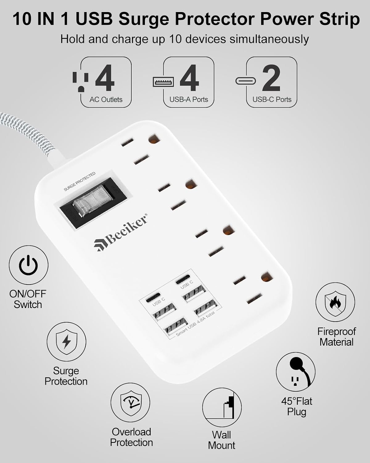 6 USB Travel Power Strip,4 Outlets,5Ft Extension Cord,Surge Protector,13A | 2 USB C,6 USB Charging Station,5Ft Braided Extension Cord,Surge Protector,Switch,Wall Mount,Flat Plug,For Travel Office Dorm