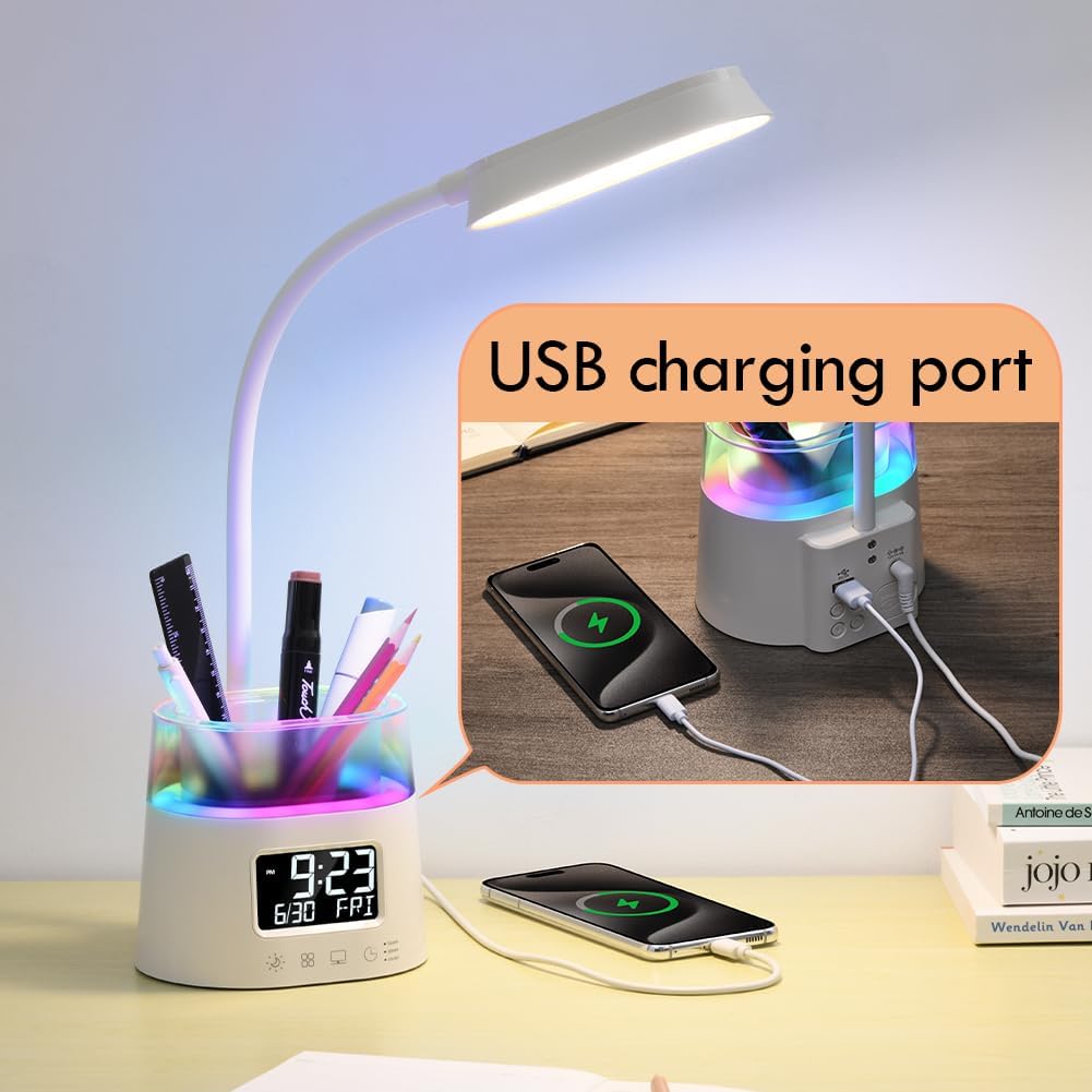 WILIT LED Desk Lamps for Home Office with Pen Holder, Table Lamp for Bedroom with USB Charging Port &amp; Clock, RGB Night Light, Study Lamp for Kids Girls, Desk Light for College Dorm Room Essentials