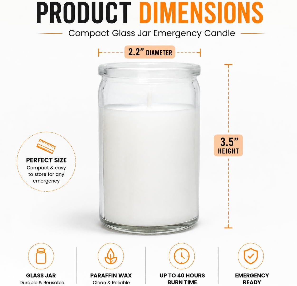 Carolina Emergency Unscented White Jar Candle – 40 Hour Burn, Clear 3.5" Tall Glass Container – Long-Lasting Paraffin Wax for Power Outages, Storms, Camping & Preparedness