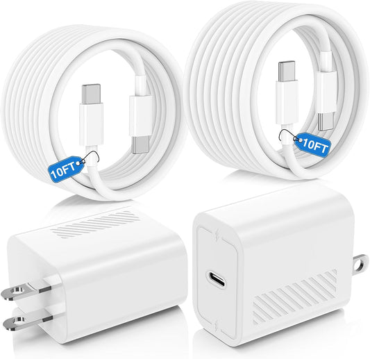 USB C Charger Fast Charging,2Pack 40W Type C Fast Charger Block& Cable | with 10ft USB-C Cables×2 PD 3.0 Super Fast Charging for iPhone 17/ Air/16/15 Pro Max for iPad Pro MacBook Air/Pro M1/M2