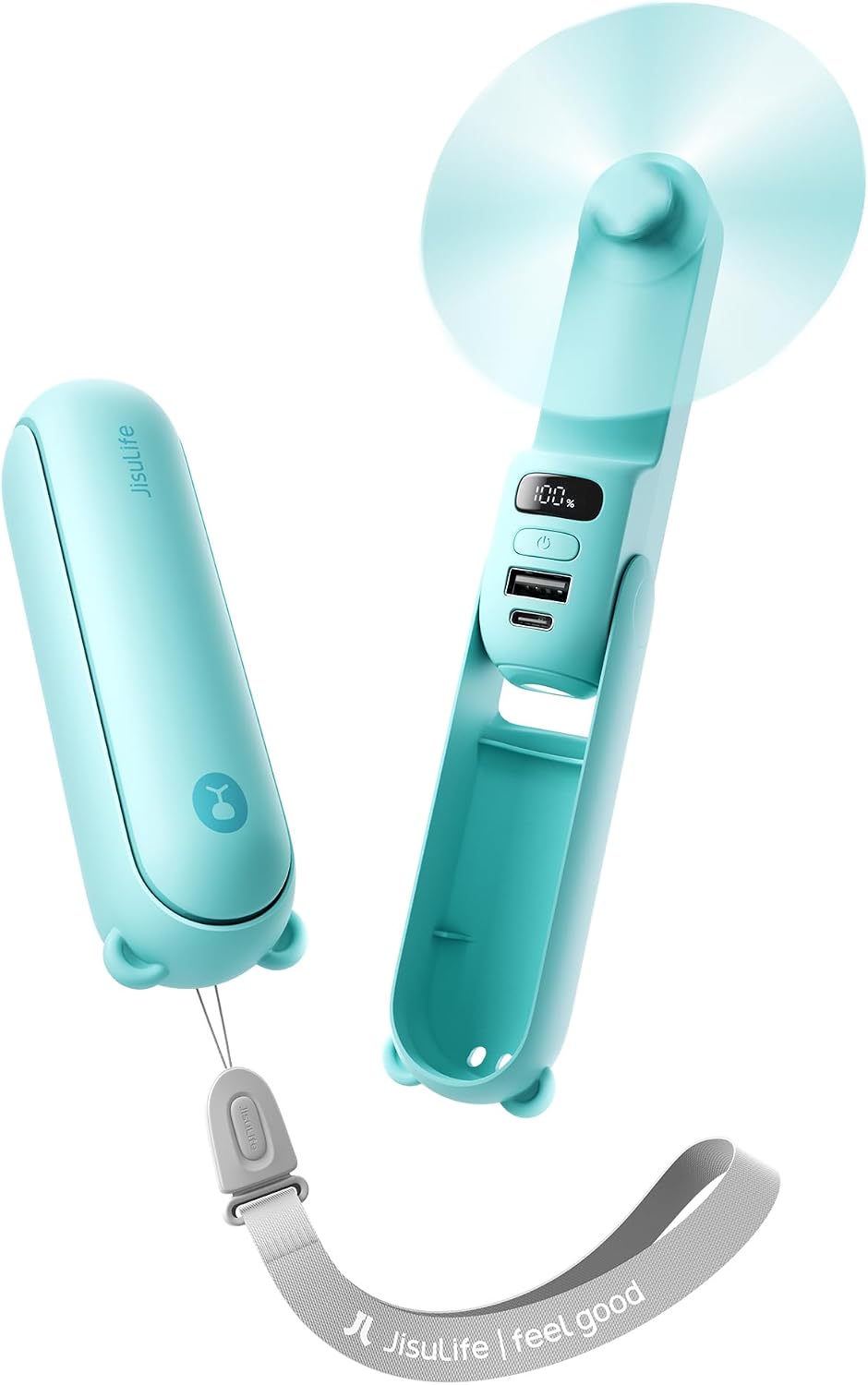 JISULIFE Portable Handheld Fan, 3 In 1-Fan, Power Bank, Flashlight, Cyan | Mini Cooling Essential for Outdoor, Small, On-the-Go Pocket Hand Design, 24 Hours, Auto Shut-Off Safety Soft Blade