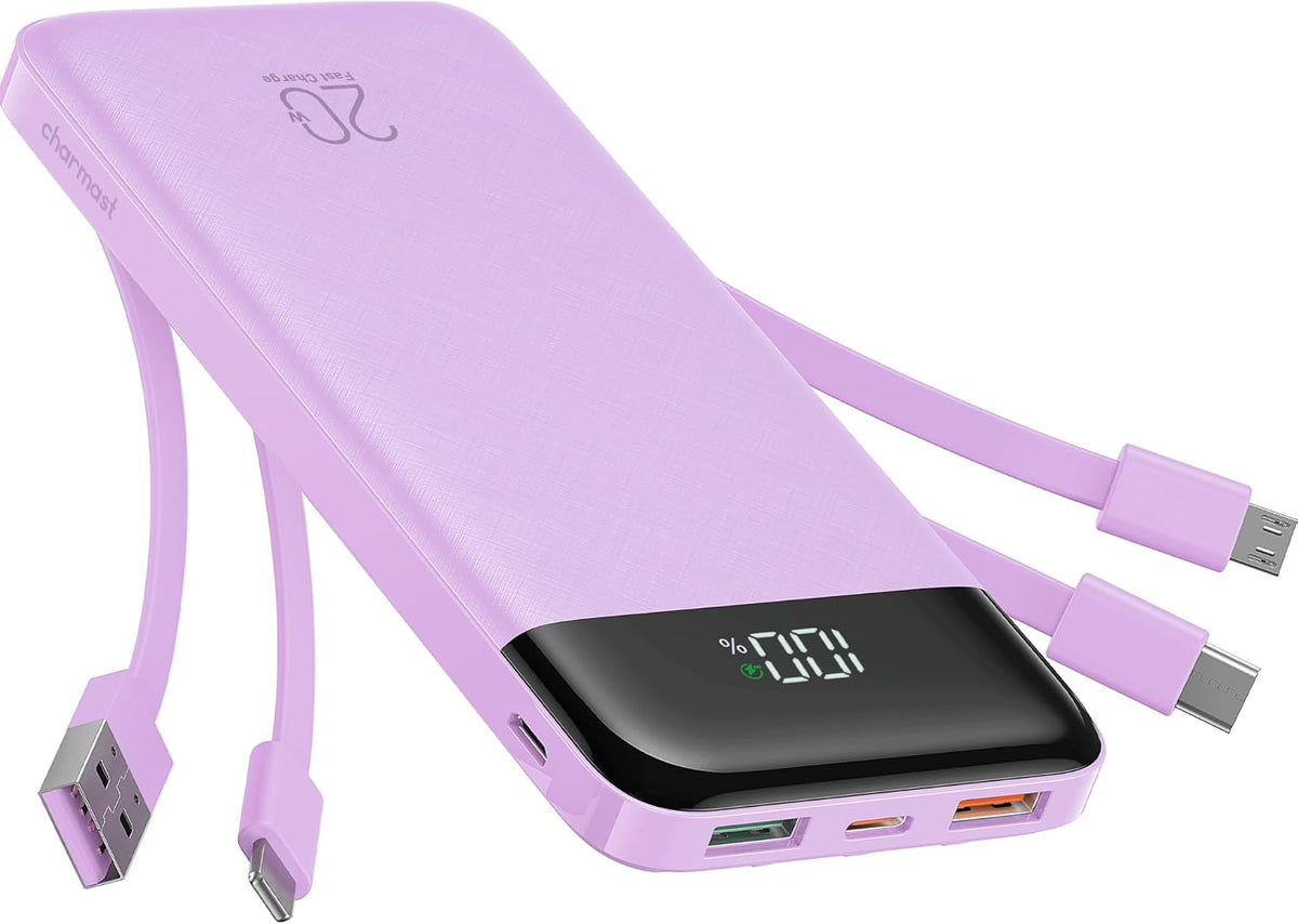 charmast Portable Charger Built-in Cables, 20000mAh Power Bank 6-Output | Travel Fast Charging Battery Pack for iPhone 17/16/15 Samsung Android, Flight-Approved, Multi-Device, USB-C & USB-A, LED %