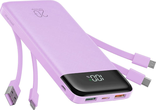 charmast Portable Charger Built-in Cables, 20000mAh Power Bank 6-Output | Travel Fast Charging Battery Pack for iPhone 17/16/15 Samsung Android, Flight-Approved, Multi-Device, USB-C & USB-A, LED %