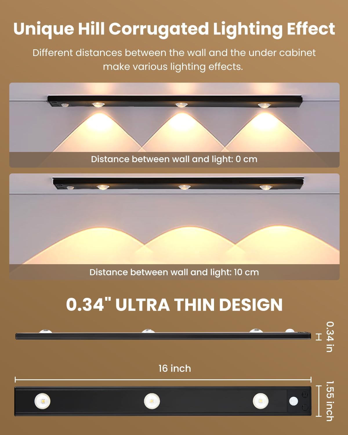 3 LED Under Cabinet Light, Under Counter Dimmable Lighting with Motion Sensor, USB Rechargeable Motion Sensor Light, Cat’s Eye Hill Corrugated Effect, for Display Cabinet, Showcase, Wine Cabinet