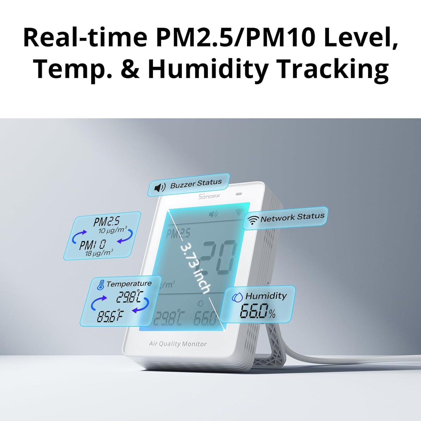 SONOFF SAWF-07P Smart Indoor Air Quality Monitor with PM2.5, PM10, Temperature & Humidity Sensor, Real-Time Display, Notification, Matter-Compatible, 2.4GHz WiFi, 3.73-inch Screen, for Bedroom, Nusery