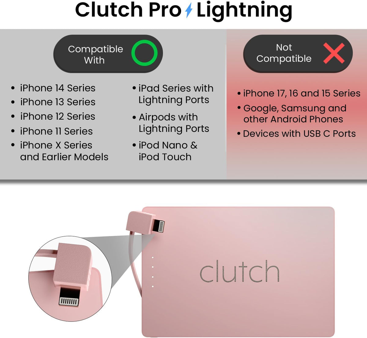 Clutch Pro – World's Thinnest iPhone Charger – Portable Power Bank 5000mAh – Magnetic Built-in Lightning Cable – TSA Approved Travel Charger – iPhone 14 & Earlier – Pink