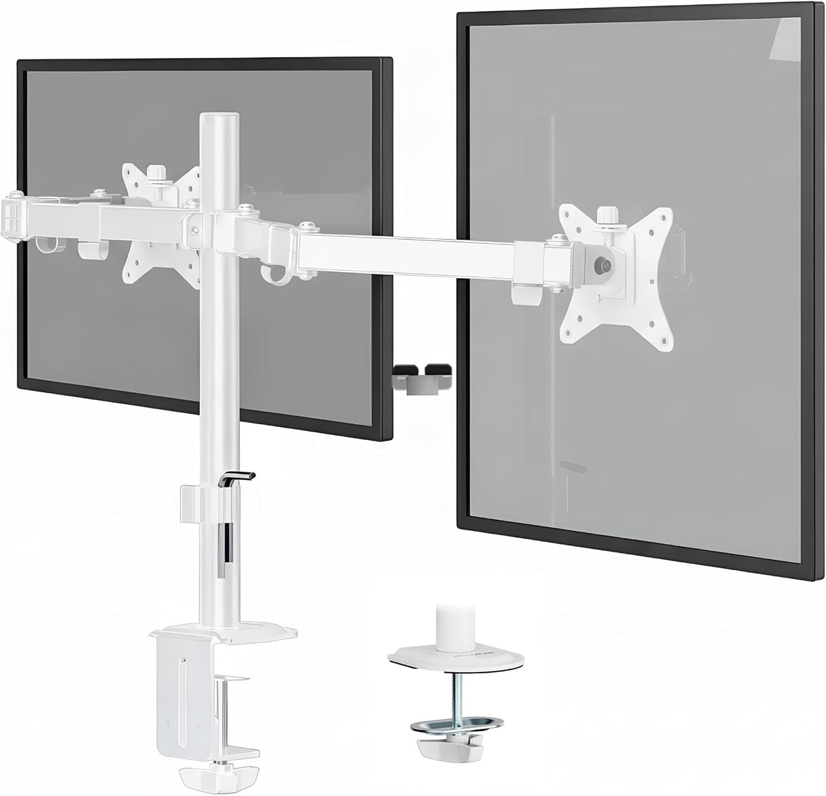 Mount-It Dual Monitor Mount for Desk, Full Motion White Steel 17-32 in | Desk Stand for 2 Monitors, 19.8 lbs per Arm, VESA 75x75 100x100, C-Clamp and Grommet, Cable Management, Height Adjustable