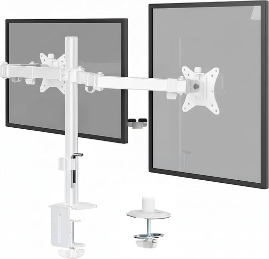 Mount-It Dual Monitor Mount for Desk, Full Motion White Steel 17-32 in | Desk Stand for 2 Monitors, 19.8 lbs per Arm, VESA 75x75 100x100, C-Clamp and Grommet, Cable Management, Height Adjustable