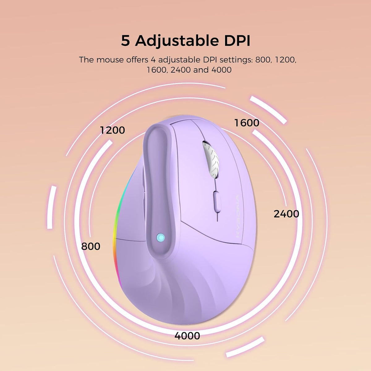 KYSONA 57° Wireless Ergonomic Mouse, Vertical Mouse, Carpal Tunnel Mouse, RGB Light, Rechargeable, Bluetooth & 2.4G, 5-level DPI Adjustment, Quiet Click Ergo Mice Compatible with PC/Laptop/Mac, Purple