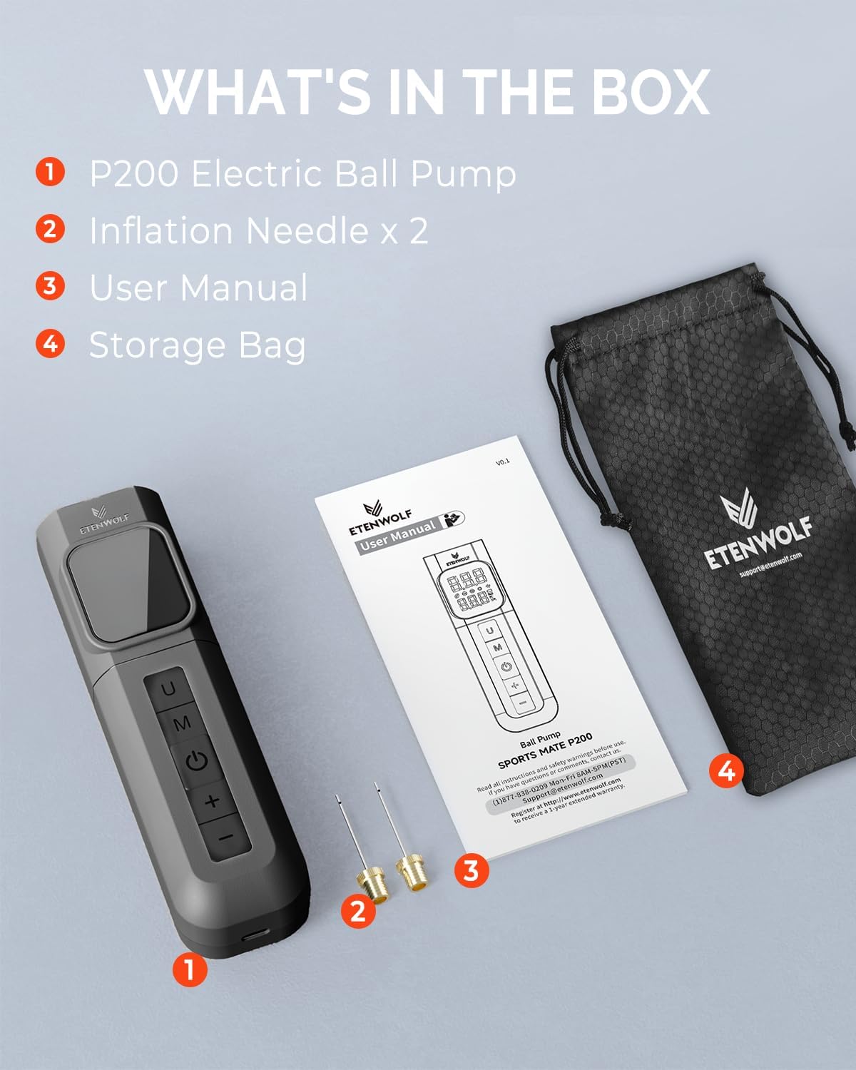 ETENWOLF P200 Electric Ball Pump 2000mAh Air Pump for Sports Balls | with Preset Gauge and Digital LCD Display, Fast Inflation & Deflation for Basketball Soccer Volleyball Football