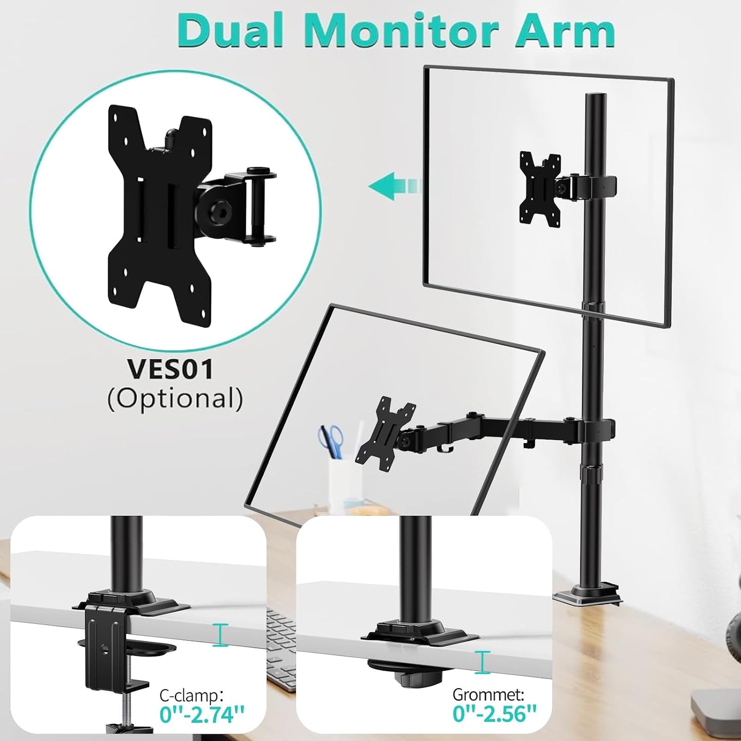 WALI Tall Monitor Arm Mount for Desk for 13-34 inch Screens, 22 lbs per Arm | Single Extra Tall Monitor Mount, Full Motion with Tilt, Swivel, Rotation, VESA Mount 75/100mm,for Office/Home (M001XL), Black