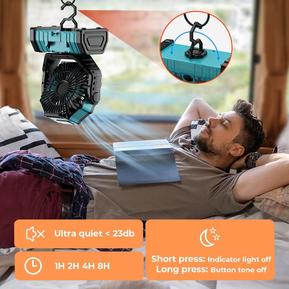 Camping Fan - 20000mAh Battery Powered Fan Rechargeable with LED Lantern - Portable Outdoor Tent Fans with Hanging Hook 4 Speeds Wind Remote Control, Blue