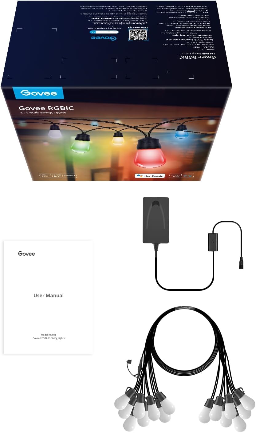 Govee Smart Outdoor String Lights H7015, 48ft RGBIC, IP65, 47 Scene Modes | 15 Dimmable LED Bulbs Outdoor Lights with Color Changing Warm White Lights for Patio, Backyard, App Control, Bluetooth