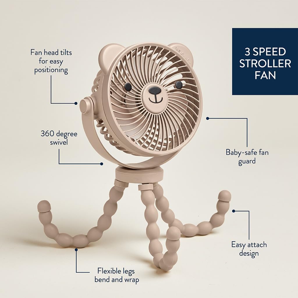 Itzy Ritzy Baby Stroller Fan, Rechargeable Fan with Wraparound Legs (Bear) | 360° Swivel, Flexible Wraparound Legs Attach to Strollers & Car Seats, USB Rechargeable with 3 Speeds for Cooling On the Go
