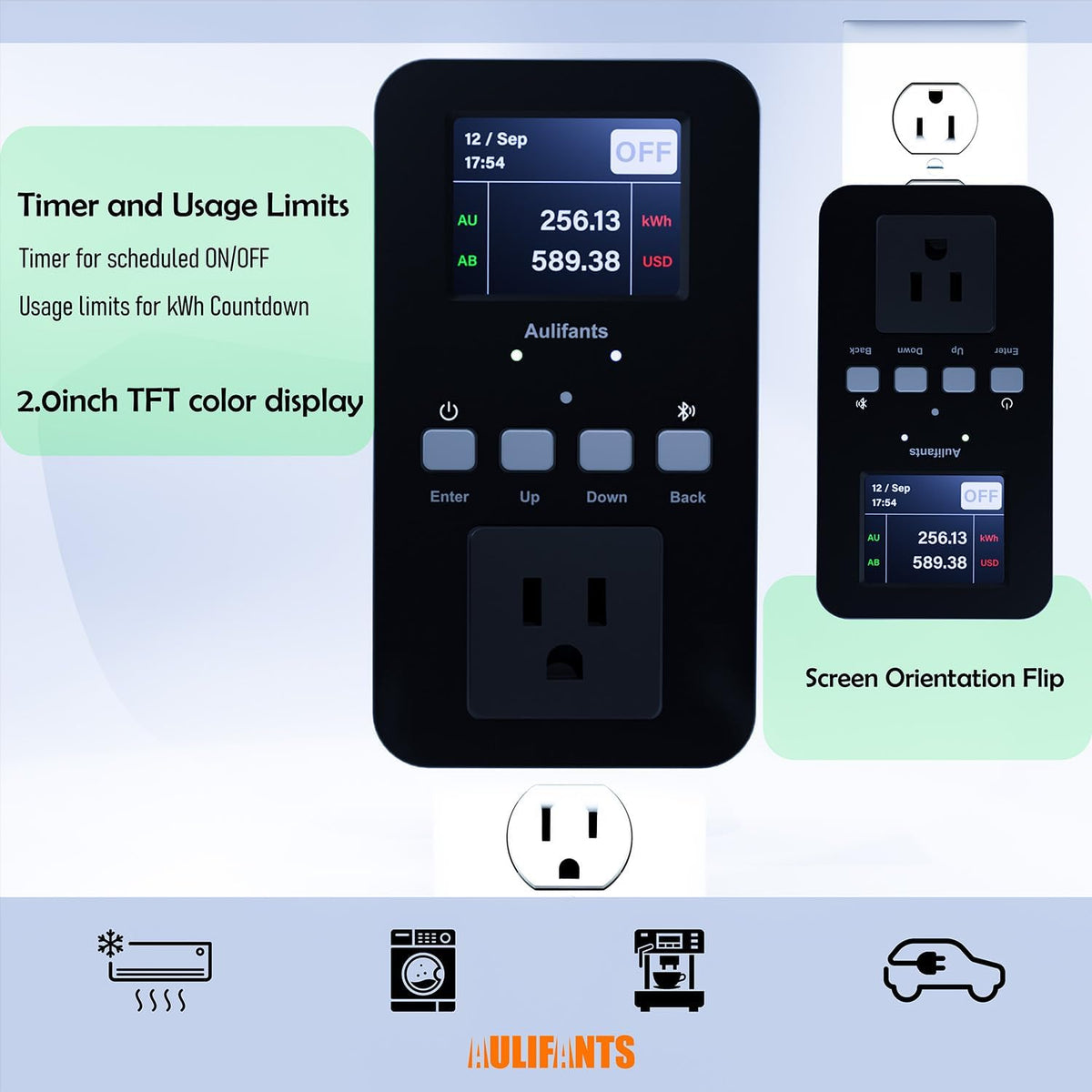 LP405 25A Heavy Duty Smart Plug Meter Sockets Industrial Energy Monitor Trip-Rate Billing, OVP/UVP/OLP Color Screen Magnetic Relay Offline Logging WiFi Tuya/Smart Life for AC/Heaters