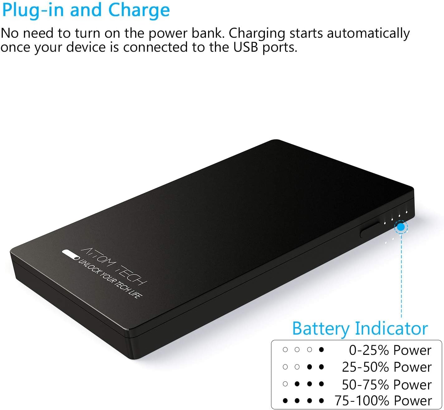 Portable Charger Power Bank 3000mAh Slim Dual USB Travel Black | Pocket Sized 2.2oz Light Design Charges Two Devices Simultaneously With FCC Safety Certified Circuit Protection