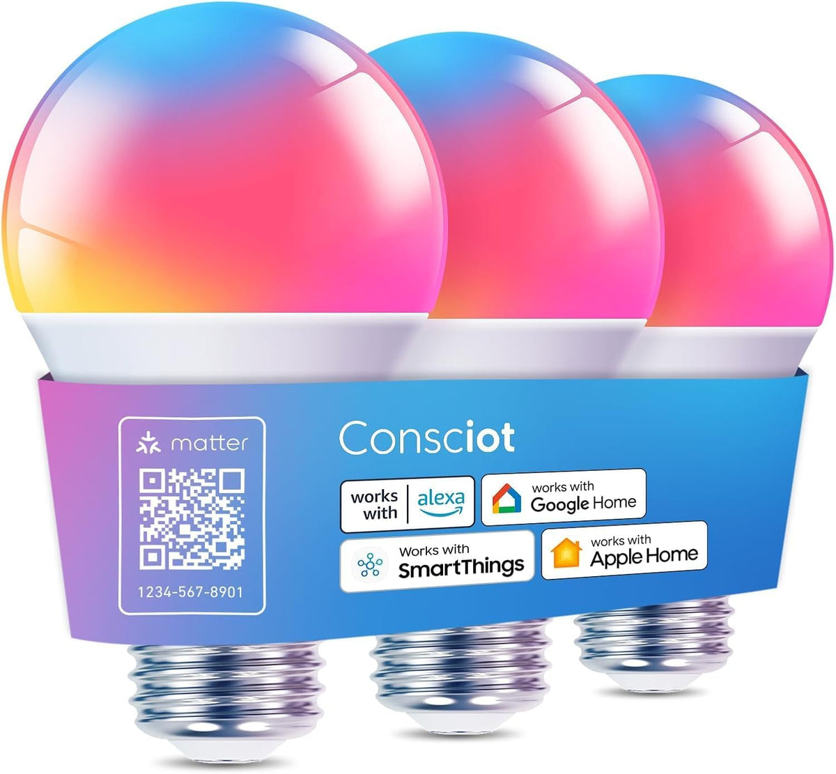 Consciot Smart Light Bulbs, WiFi Bluetooth Color Changing LED Light Bulb, Music Sync, 60W Equivalent Smart Bulb, A19 E26 RGBTW Light Bulbs That Works with Alexa/Google Home/Apple Home/Siri, 3 Pack