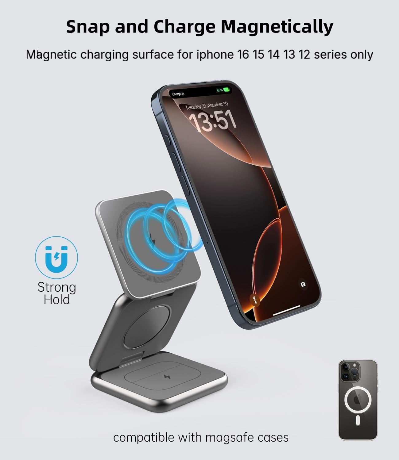 KU XIU Foldable 3-in-1 Magnetic Wireless Charging Station for Apple Devices | Aluminum Alloy Compact Design, Foldable Travel Charger Stand with 20W Adapter for iPhone 17-12, 5W for Apple Watch & AirPods