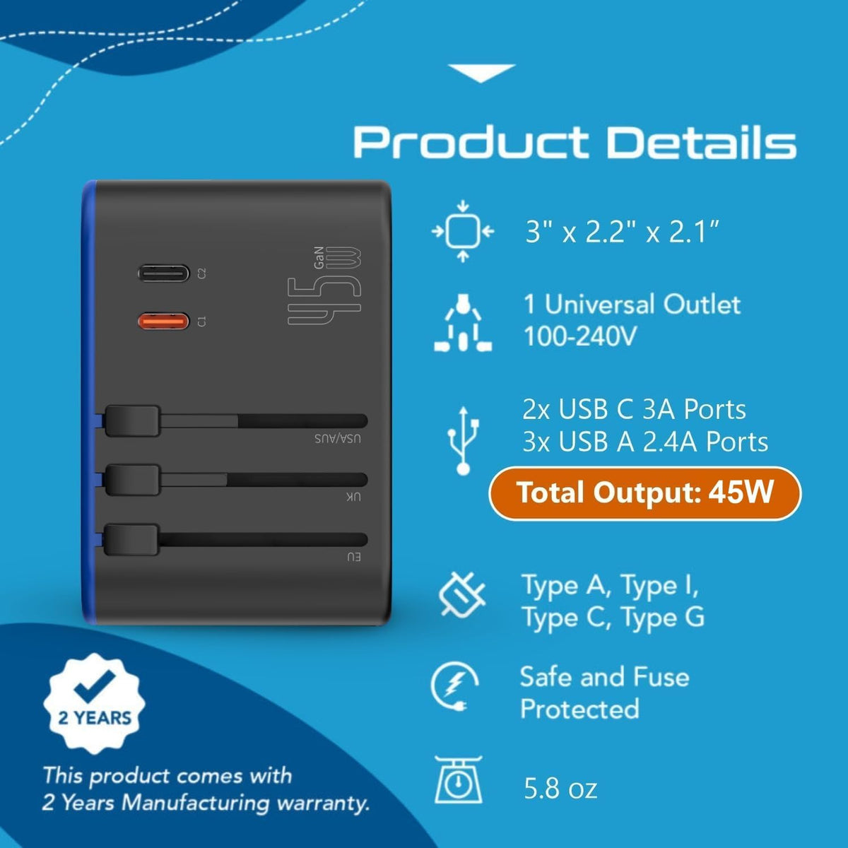 Ceptics Universal Travel Adapter, 45W International Power Adapter with PD & QC 3.0 Dual USB-C, 3 USB Travel Adapter Worldwide, Type I C G A Outlets - EU Euro US UK (11-KU)