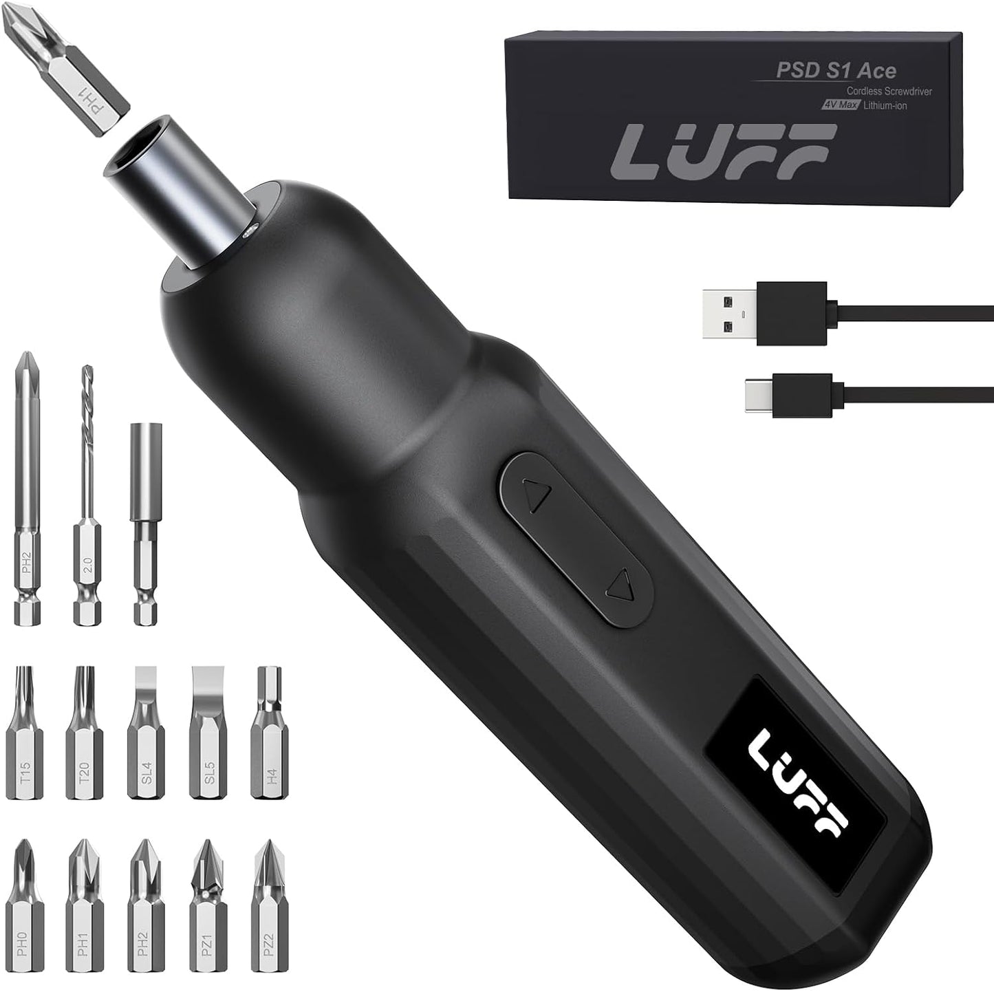 Electric Screwdriver Set,4V Cordless Rechargeable Screwdriver with 250 RPM Powerful Motor, USB-C, LED, 1 Drill Bit, 12 Bits for Furniture/Electrical