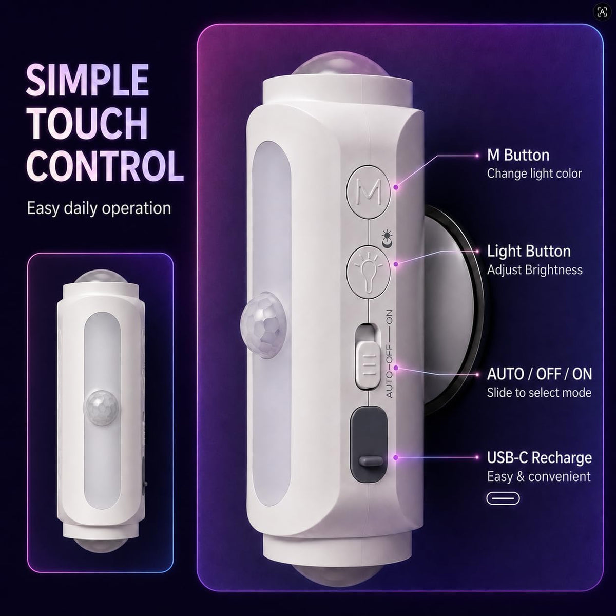 Motion Sensor Wall Light, Rechargeable Peel and Stick on Sconce Set of 2