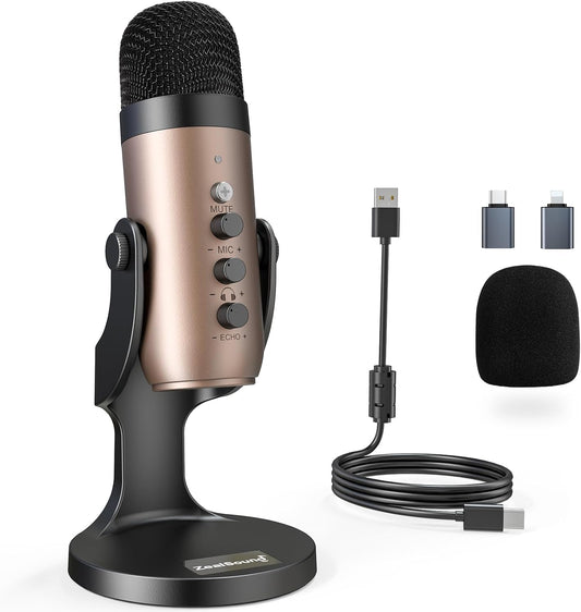 ZealSound Podcast Microphone for PC, Noise Cancellation USB Mic with Gain, Volume Adjustment & Mute Button, Monitoring & Echo, for YouTube, TikTok, Podcasting, Streaming, iPhone, iPad, Android, Mac