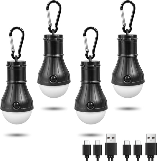 Jarxin Led Camping Lantern USB Rechargeable,Outdoor Tent Lights | Camping Hanging,with Clip Hook Camping Flashlight (4 Packs Black)