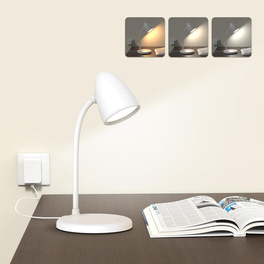 LED Desk Lamp for Home Office,Dimmable Table Lamp 3 Light Colors | Reading Light for Bedside Small Desk Lamp for College Dorm Room,Bedroom Desk Light,White