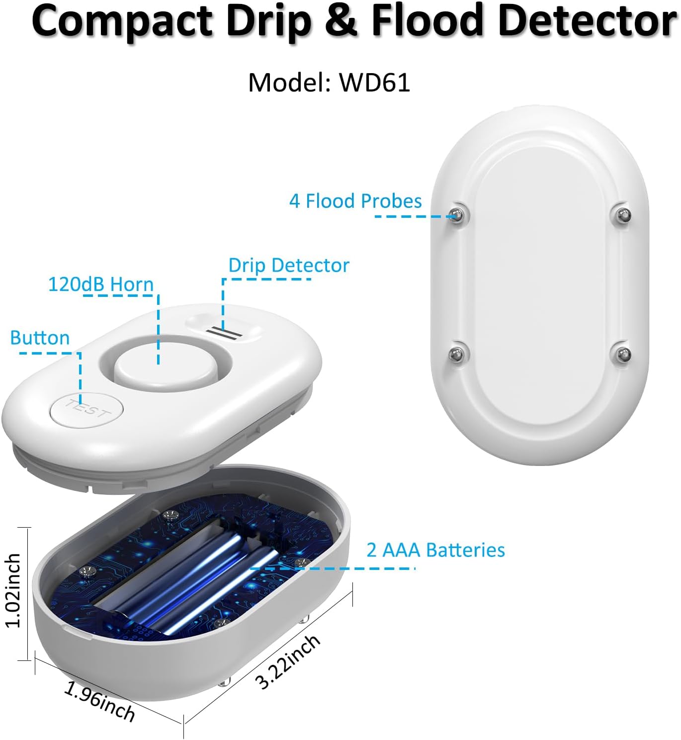 Water Leak Detector for Home, 100dB Water Sensor Alarm, Flood/Drip Leakage Detection Device for Pipe/Drain/Sink/Faucet, Floor Flooding in Basement/Bathroom/Kitchen/Toilet/Laundry Room