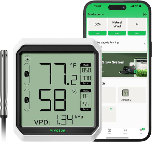 VIVOSUN AeroLab THB1S Wireless Bluetooth Hygrometer Thermometer Indoor, VPD, Digital Temp Humidity Meter, LCD Smart App Control & Alert, Data Storage, Dual Channels with Sensor Probe, Battery Included