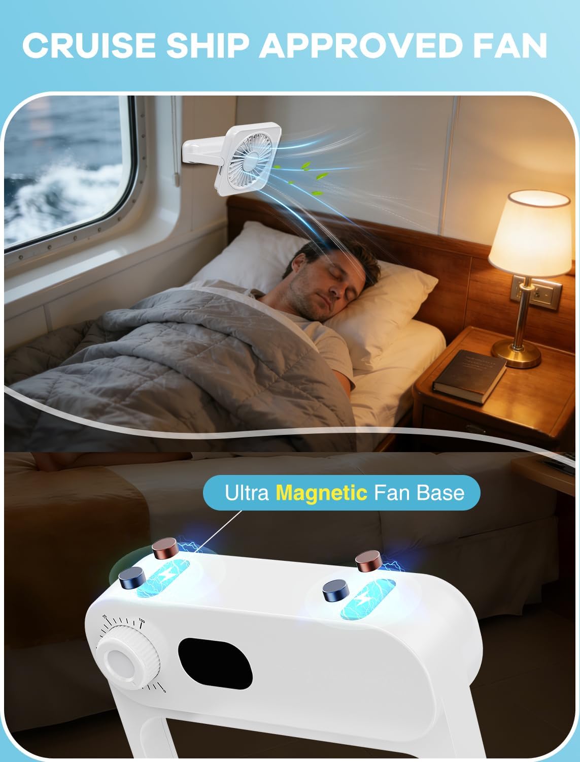 Shintrend Cruise Approved Portable Fan with Magnetic Mount, Rechargeable Cabin Fan with 100 Speeds for Ceiling or Wall, Quiet Cooling for Cruise Travel, Cruise Ship Essentials– White
