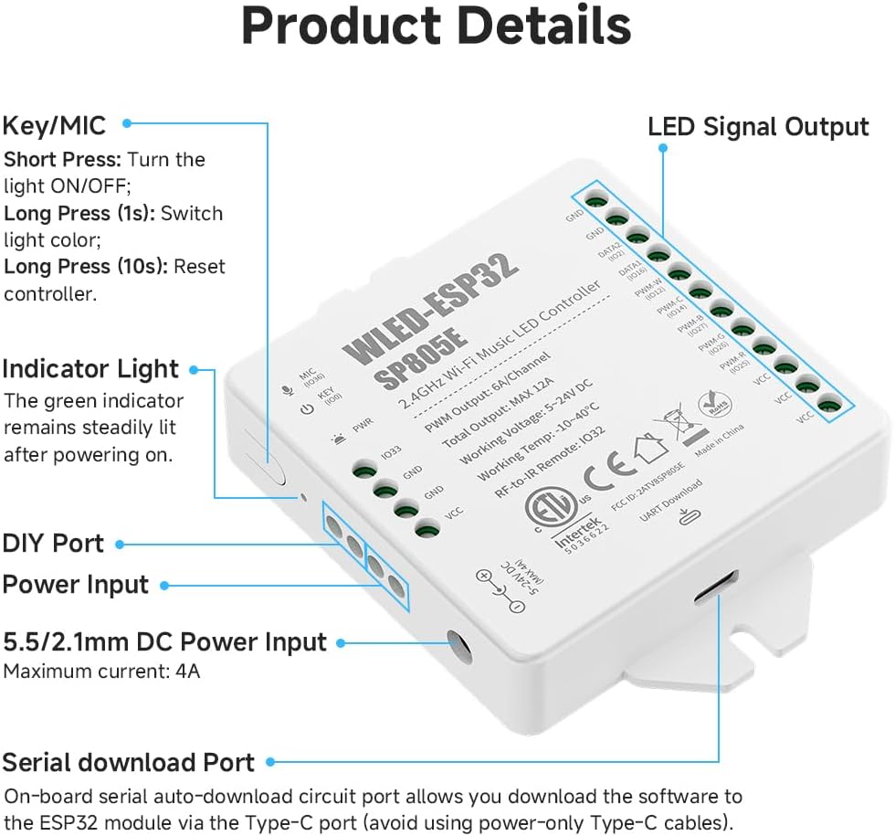 BTF-LIGHTING SP805E WLED LED Controller ESP32 with Mic, WiFi APP Control | For WS2812B WS2811 SK6812 WS2814 LED Strip/Matrix & PWM Dim CCT RGB RGBW RGBCCT LED , 2 SPI Channel, USB-C UART, DIY Lights