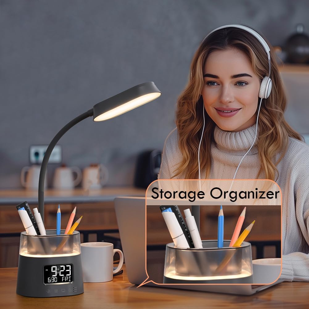 Led Desk Lamp with Pen Holder, Touch Lamps for Nightstand Eye-Caring Bedside Reading Light with Clock, Office Lamps Stepless Dimming, Lamp for Dorm Room, Suitable for Kid/Girl/Boy (Gray)