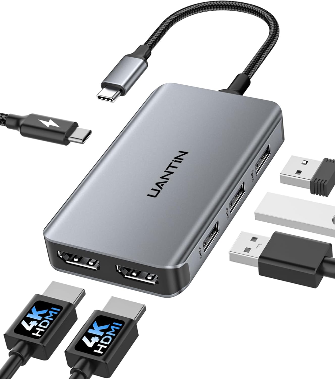 UANTIN 6-in-1 USB C Hub, Type C to Dual HDMI Adapter 4K@60Hz | HDMI Splitter Extended Display for Dual Monitor with 100W PD, USB 2.0, Dual HDMI Adapter for USBC Devices with DP Alt Mode