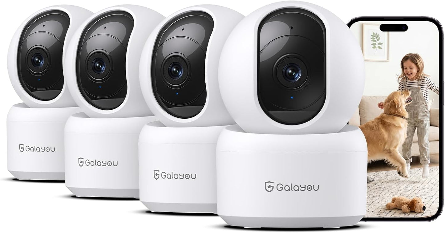 GALAYOU Indoor Cameras for Home Security/Baby Monitoring in 2K, G2 4Pack | Wi-Fi/Nanny Cam/Baby Monitor, with Phone APP, PTZ, Night Vision, Siren, Wired Plug, Two-Way Talk, 24/7 TF Card, Cloud Storage