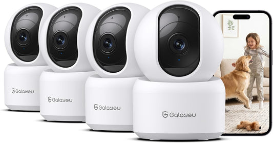 GALAYOU Indoor Cameras for Home Security/Baby Monitoring in 2K, G2 4Pack | Wi-Fi/Nanny Cam/Baby Monitor, with Phone APP, PTZ, Night Vision, Siren, Wired Plug, Two-Way Talk, 24/7 TF Card, Cloud Storage