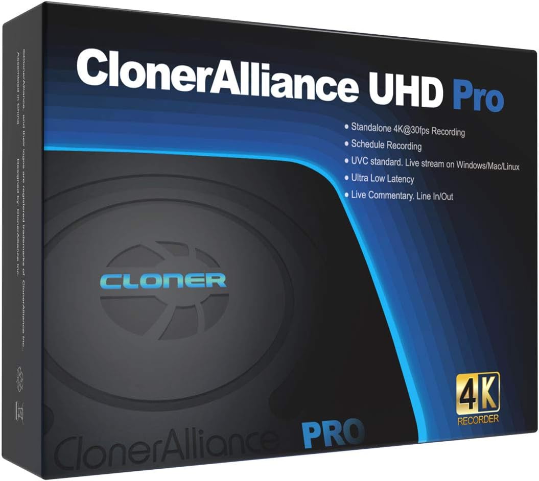 ClonerAlliance UHD Pro, 4K Video Recorder, HDMI Capture DVR with H.265/H.264 Codec, Cinematic 24fps Recording(Up to 30fps), 4K@60fps Passthrough, Pause/Resume Recording.