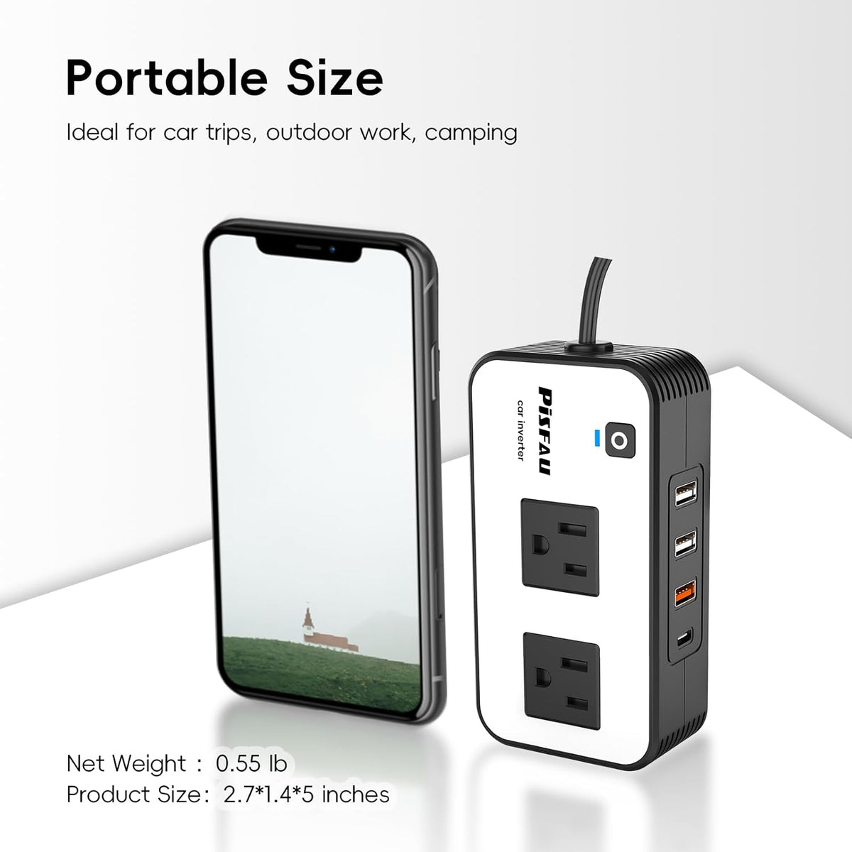 PiSFAU 200W Car Power Inverter - DC 12V to 110V AC Car Plug Adapter Outlet | Dual AC Outlet 4.8A 24W USB-A/C, Portable Cigarette Lighter Charger for Laptop/Camping/Road Trip Essential/Vehicle Accessorie