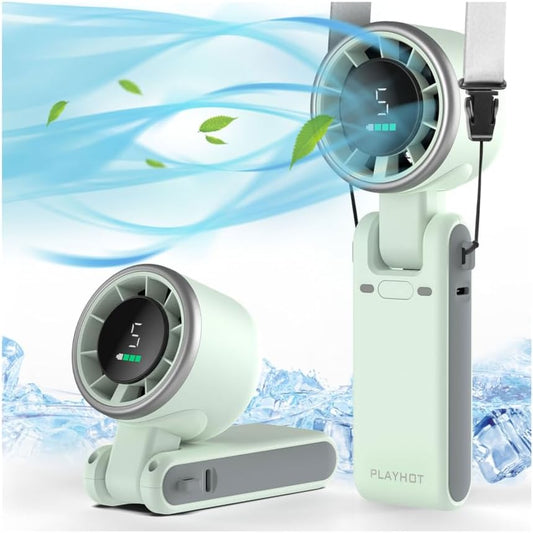 PlayHot Portable Handheld Turbo Fan, Travel Essentials, Gifts for Women/Men | 5-Speed, Up to 12H, 10m/s Airflow, USB-C Rechargeable, LED Display, 3-in-1 Foldable Personal Fan for Cruise, Beach, Vacation