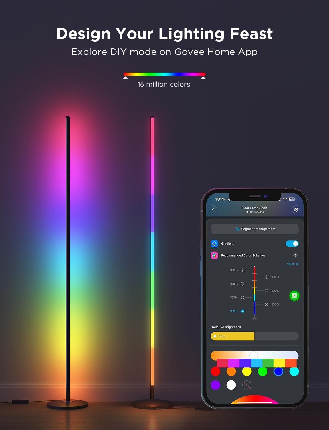 Govee RGBIC Floor Lamp Basic 2-Pack, Standing Lamp for Bedroom Living Room | Compatible with Matter and Alexa, 1000lm LED Modern Smart Corner Lamp with APP Control, Color Changing and Music Sync, Black