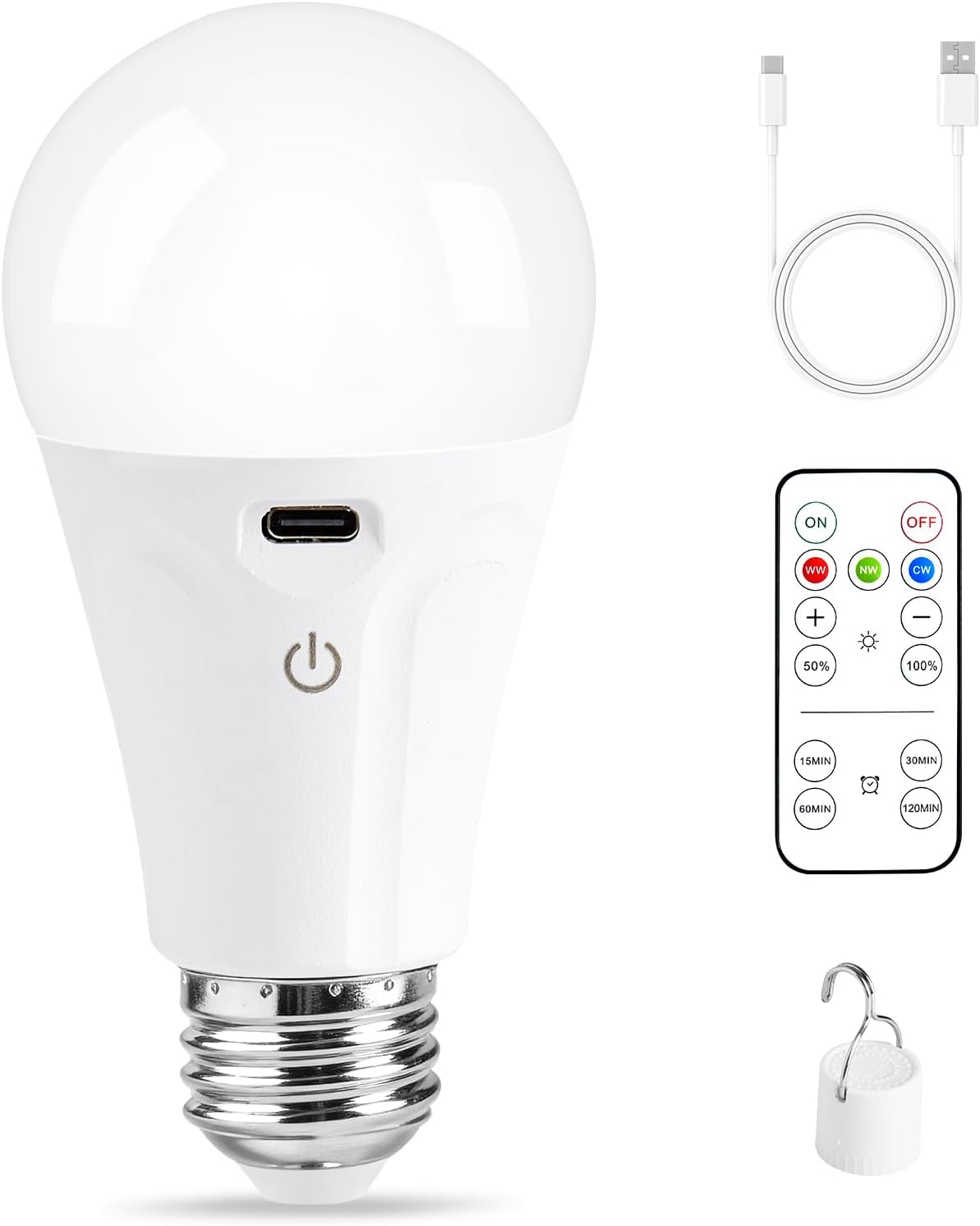 Powfloven E26 Rechargeable Light Bulbs with Remote and USB Charging, 1 Pack | Dimmable Battery Operated Light Bulb, 3 Color Temperatures, 4 Timer, A19 Wireless Light Bulbs for Wall Sconces, Not-Hardwired