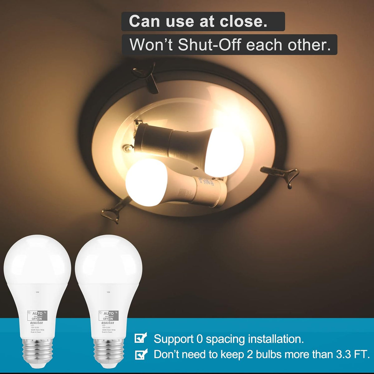 Qualilux Dusk to Dawn A19 LED Light Bulbs Outdoor, Automatic On/Off, 60W Equivalent, Warm White 3000K, Energy Efficient 9.5W, 850 Lumen, E26 Base, 4-Pack, HQ-H009