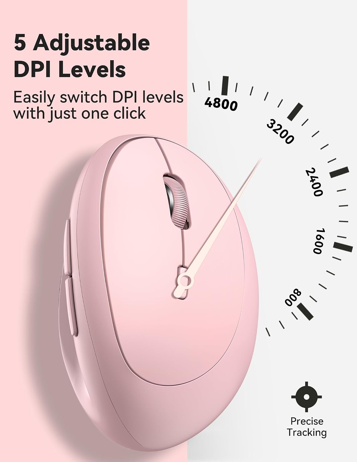 TECKNET Ergonomic Mouse, Bluetooth Wireless Vertical Mouse, Rechargeable Battery, Quiet Clicks, 4800 DPI Adjustable, BT5.0/3.0 & 2.4G Connect, Easy to use, Wide Compatibility - Pink