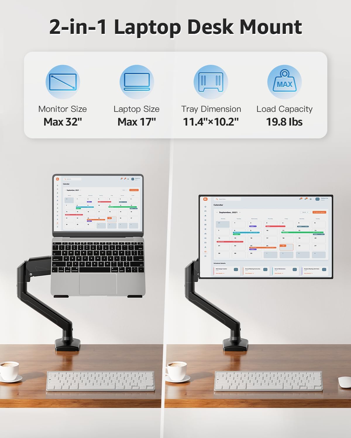 MOUNTUP Laptop Stand for Desk, Adjustable Aluminum Laptops Arm Mount for 14-17 Inch Notebook & 32" Monitor, Laptops Arm for Desk Support for 2.2-19.8lbs, 2-in-1 Laptop Desk Mount with Clamp/Grommet